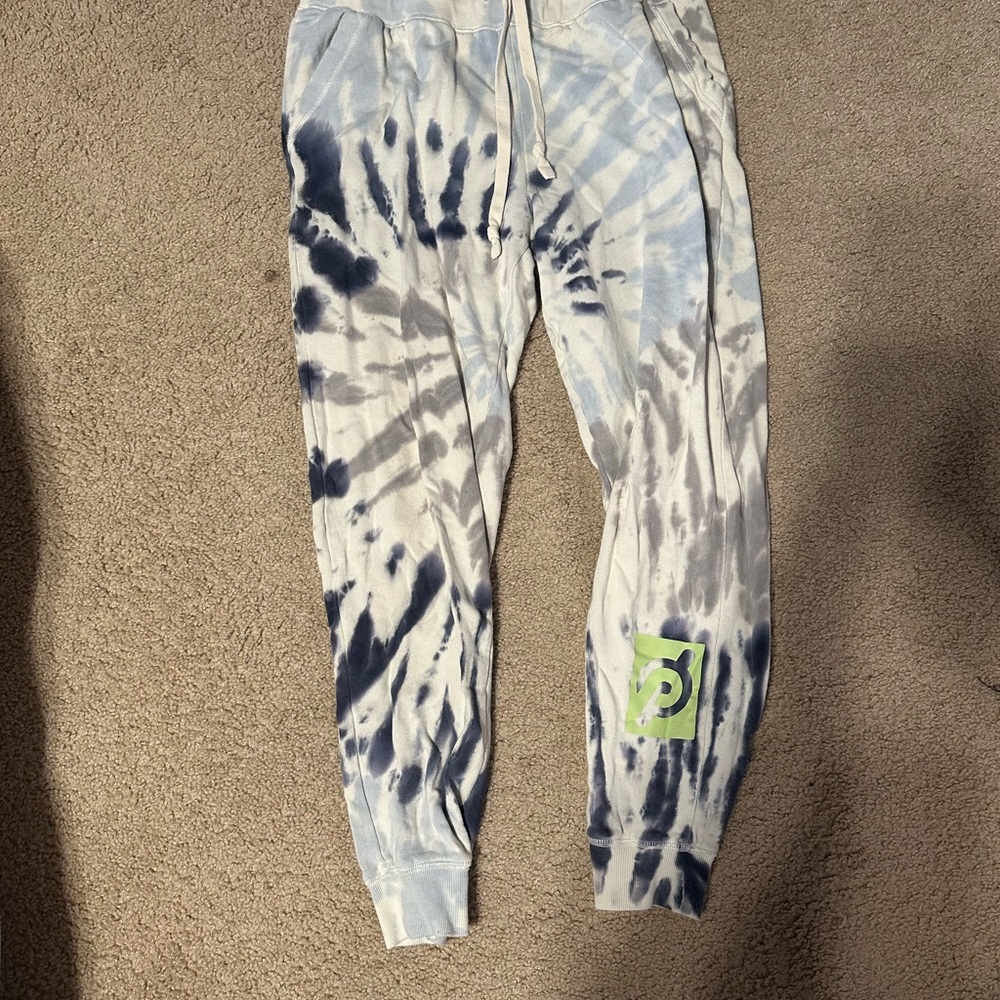 Peloton Blue and White Track Pants with Tie-Dye Design